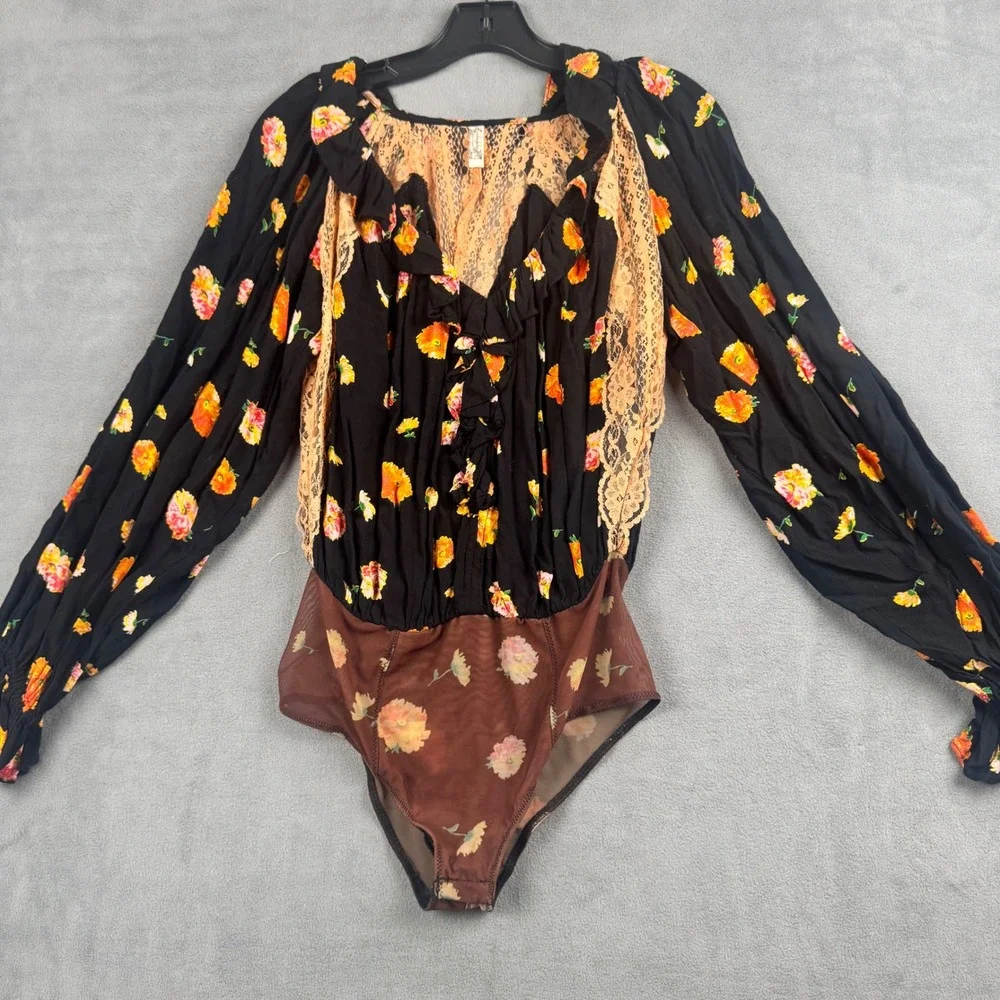 Intimately Free People Floral Lace Ruffle Bodysuit Black Orange XS Long Sleeve
